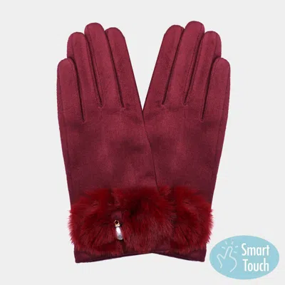 Fashnzfab Pearl Pointed Fuzzy Bow Accented Smart Touch Gloves In Red
