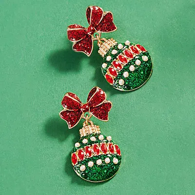 Fashnzfab Pearl Pointed Glittered Christmas Ornament Dangle Earrings In Red