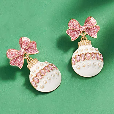 Fashnzfab Pearl Pointed Glittered Christmas Ornament Dangle Earrings In Pink