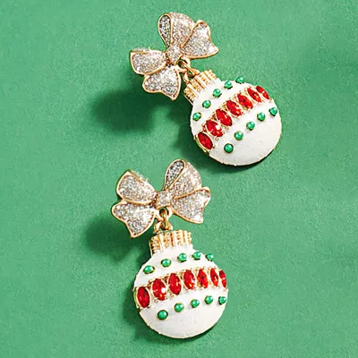 Fashnzfab Pearl Pointed Glittered Christmas Ornament Dangle Earrings In Silver