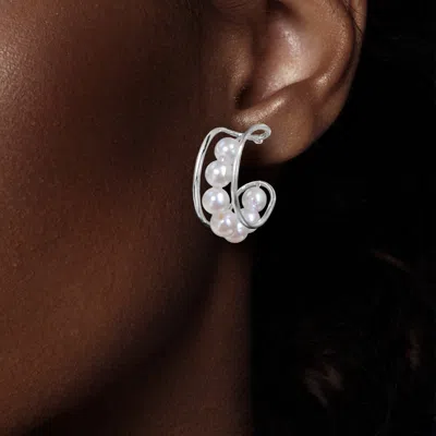 Fashnzfab Pearl Pointed Hoop Earrings In Silver