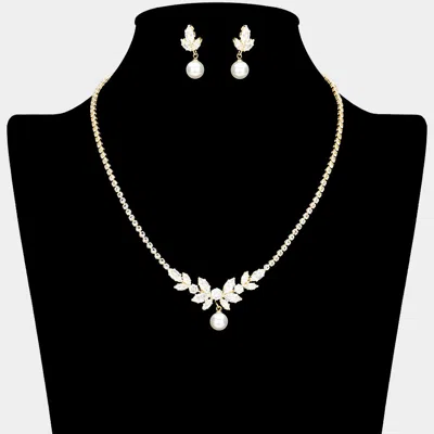 Fashnzfab Pearl Pointed Marquise Cz Stone Cluster Embellished Rhinestone Paved Necklace In Gold