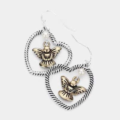 Fashnzfab Pearl Pointed Metal Angel Heart Dangle Earrings In Gold