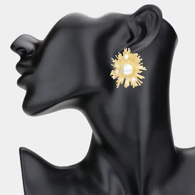 Fashnzfab Pearl Pointed Metal Flower Earrings In Gold