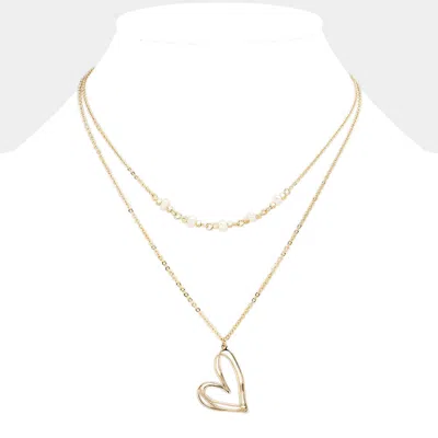 Fashnzfab Pearl Pointed Metal Heart Pendant Double Layered Necklace In Gold