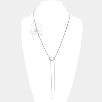 Fashnzfab Pearl Pointed Metal Wire Flower Accented Adjustable Long Necklace In Metallic