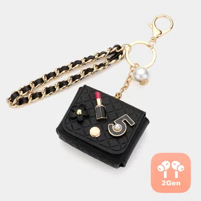 Fashnzfab Pearl Pointed Number Five Lipstick Flower Charm Deco Faux Leather Mini Bag With Wristlet Airpod Pro  In Multi