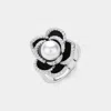 Fashnzfab Pearl Pointed Rhinestone Rim Flower Ring - Rhodium In Metallic