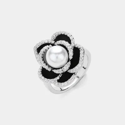 Fashnzfab Pearl Pointed Rhinestone Rim Flower Ring - Rhodium In Metallic
