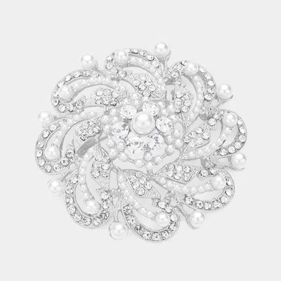 Fashnzfab Pearl Pointed Round Stone Flower Pin Brooch In Metallic