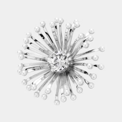 Fashnzfab Pearl Pointed Starburst Adjustable Ring - Rhodium, White In Silver