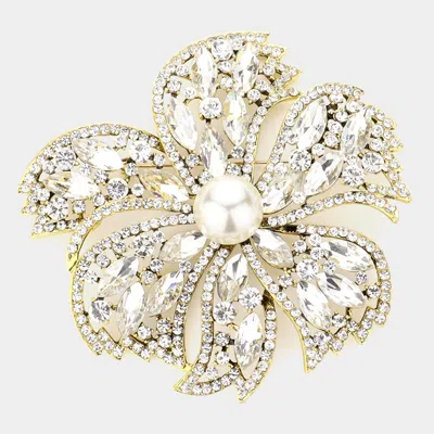 Fashnzfab Pearl Pointed Stone Embellished Oversized Flower Pin Brooch In Gold