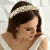 Fashnzfab Pearl Pointed Stone Paved Flower Cluster Wrap Headpiece In Gold