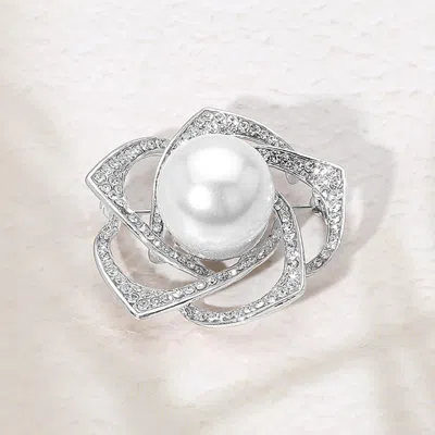 Fashnzfab Pearl Pointed Stone Paved Flower Pin Brooch In Silver