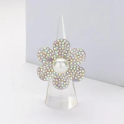 Fashnzfab Pearl Pointed Stone Paved Flower Stretch Ring - Ab, Silver In White