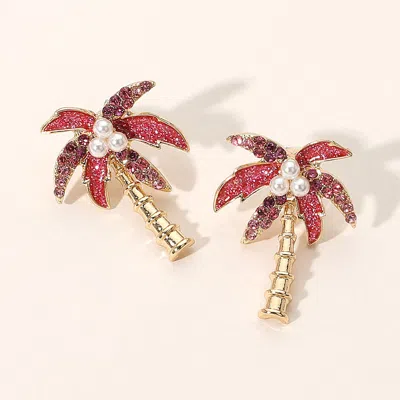 Fashnzfab Pearl Pointed Stone Paved Palm Tree Earrings In Gold