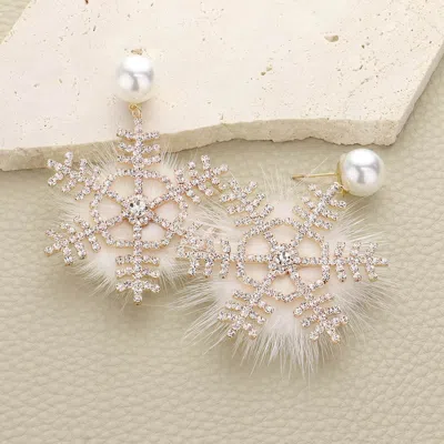 Fashnzfab Pearl Pointed Stone Paved Snowflake Pom Pom Dangle Earrings In Gold
