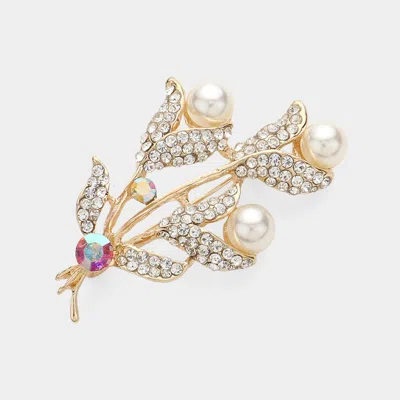 Fashnzfab Pearl Pointed Stone Paved Tulip Pin Brooch In Gold