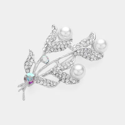 Fashnzfab Pearl Pointed Stone Paved Tulip Pin Brooch In Silver