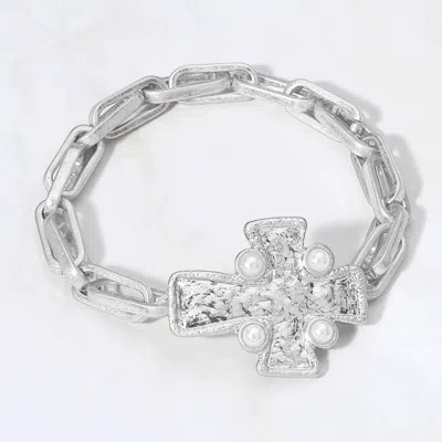 Fashnzfab Pearl Pointed Textured Metal Cross Stretch Bracelet Worn Silver In Multi