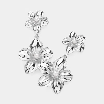 Fashnzfab Pearl Pointed Textured Metal Flower Dangle Earrings In Metallic