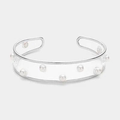 Fashnzfab Pearl Pointed Transparent Cuff Bracelet In Green