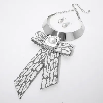 Fashnzfab Pearl Pointed Zebra Patterned Oversized Bow Pendant Statement Necklace In Silver