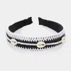Fashnzfab Pearl Puka Shell Embellished Woven Straw Headband In Black