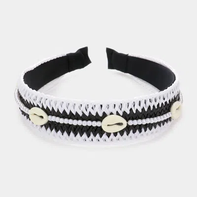 Fashnzfab Pearl Puka Shell Embellished Woven Straw Headband In Black