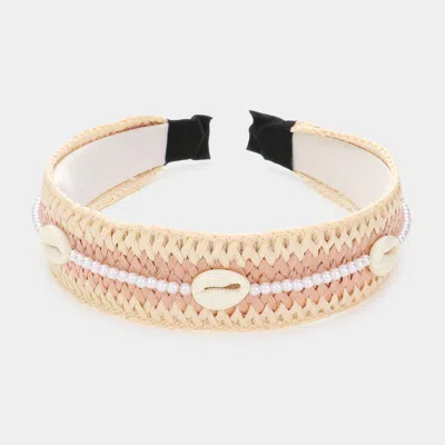 Fashnzfab Pearl Puka Shell Embellished Woven Straw Headband In Sand