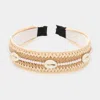 Fashnzfab Pearl Puka Shell Embellished Woven Straw Headband In Gold