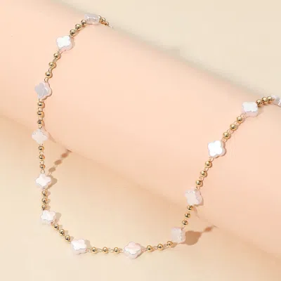 Fashnzfab Pearl Quatrefoil Charm Station Beaded Necklace In Gold