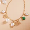 Fashnzfab Pearl Quatrefoil Heart Clover Metal Nugget Charm Station Necklace In Gold