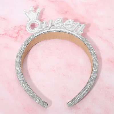 Fashnzfab Pearl Queen Crown Accent Bling Studded Headband In Silver