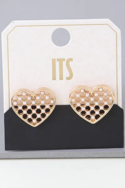 Fashnzfab Pearl Quilt Heart Stud Earrings In Black