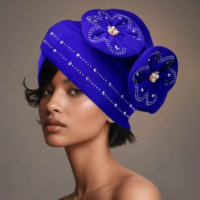 Fashnzfab Pearl Rhinestone Cluster Embellished Floral Turban Hair Wrap In Blue