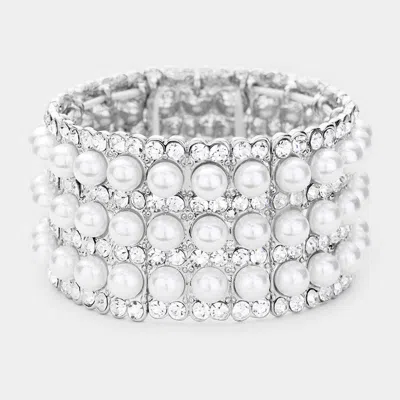 Fashnzfab Pearl Rhinestone Crystal Stretch Evening Bracelet In Silver
