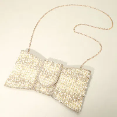Fashnzfab Pearl Rhinestone Embellished Bow Shaped Clutch Bag / Crossbody Bag In Gold