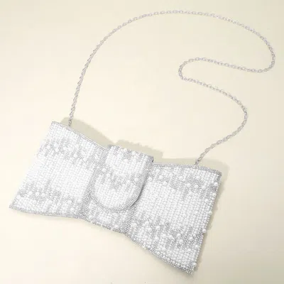 Fashnzfab Pearl Rhinestone Embellished Bow Shaped Clutch Bag / Crossbody Bag In Silver