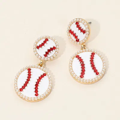 Fashnzfab Pearl Rhinestone Embellished Double Baseball Link Drop Earrings - Gold, White In Multi