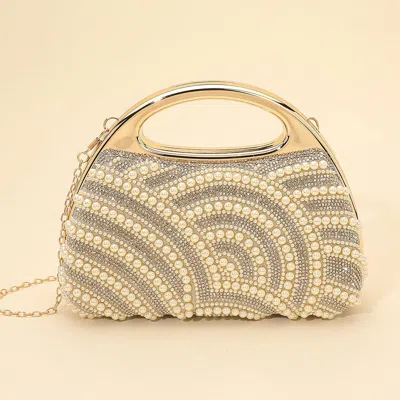 Fashnzfab Pearl Rhinestone Embellished Evening Clutch Crossbody Bag In Gold