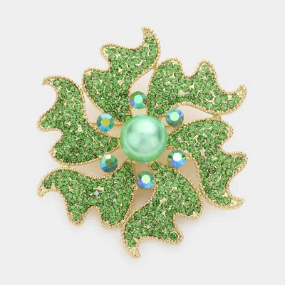 Fashnzfab Pearl Rhinestone Embellished Flower Pin Brooch In Green