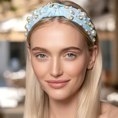 Fashnzfab Pearl Rhinestone Embellished Knot Wide Headband In Blue