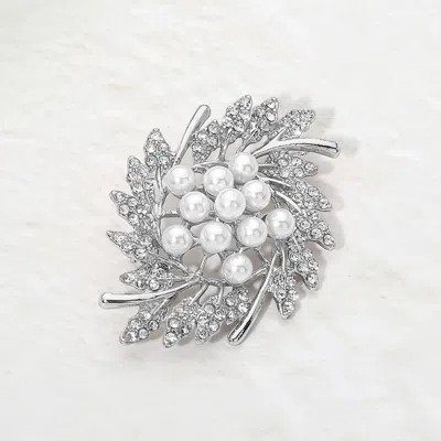 Fashnzfab Pearl Rhinestone Embellished Leaf Pin Brooch In Silver