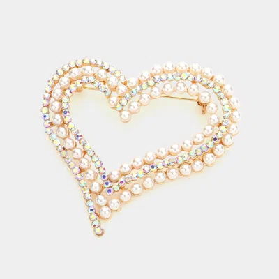 Fashnzfab Pearl Rhinestone Embellished Open Heart Pin Brooch In Gold