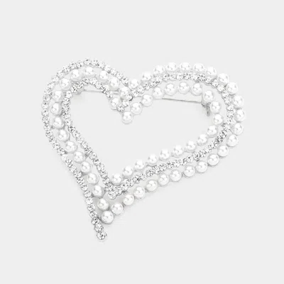 Fashnzfab Pearl Rhinestone Embellished Open Heart Pin Brooch In Metallic