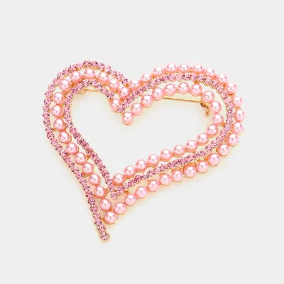 Fashnzfab Pearl Rhinestone Embellished Open Heart Pin Brooch In Pink