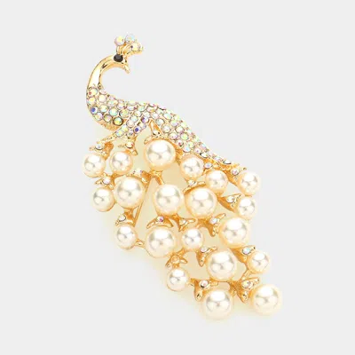 Fashnzfab Pearl Rhinestone Embellished Peacock Pin Brooch In Silver
