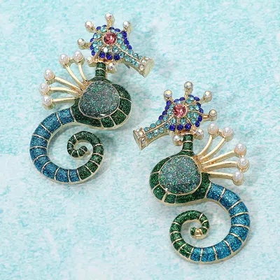 Fashnzfab Pearl Rhinestone Embellished Seahorse Statement Earrings - Blue, Multi