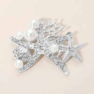 Fashnzfab Pearl Rhinestone Embellished Starfish Pin Brooch In Metallic